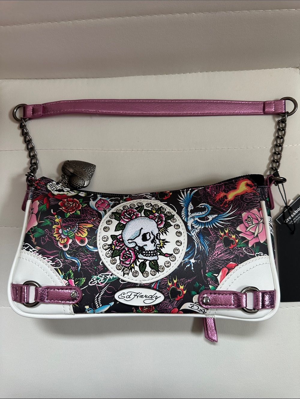 Ed Hardy Black Floral Skull Shoulder Bag with Pink Accents